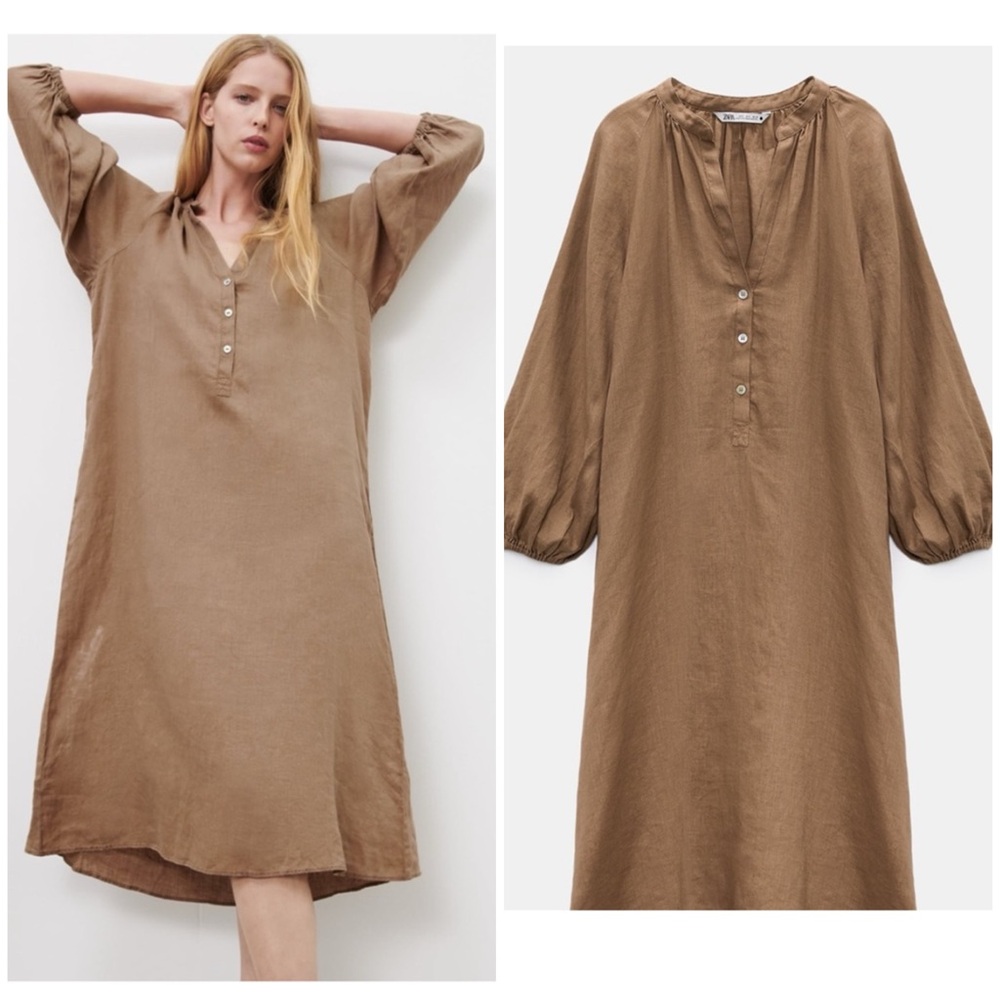 Zara Tan‎ Boho Oversized Linen Midi Dress Size M
